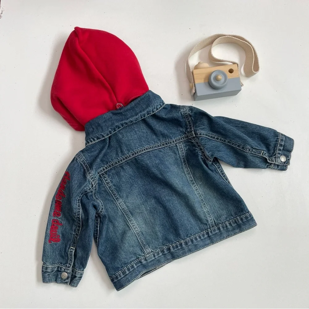 Gap Baby Jacket Denim Embroidered Handsome Devil Removable Hood Pockets Blue Red